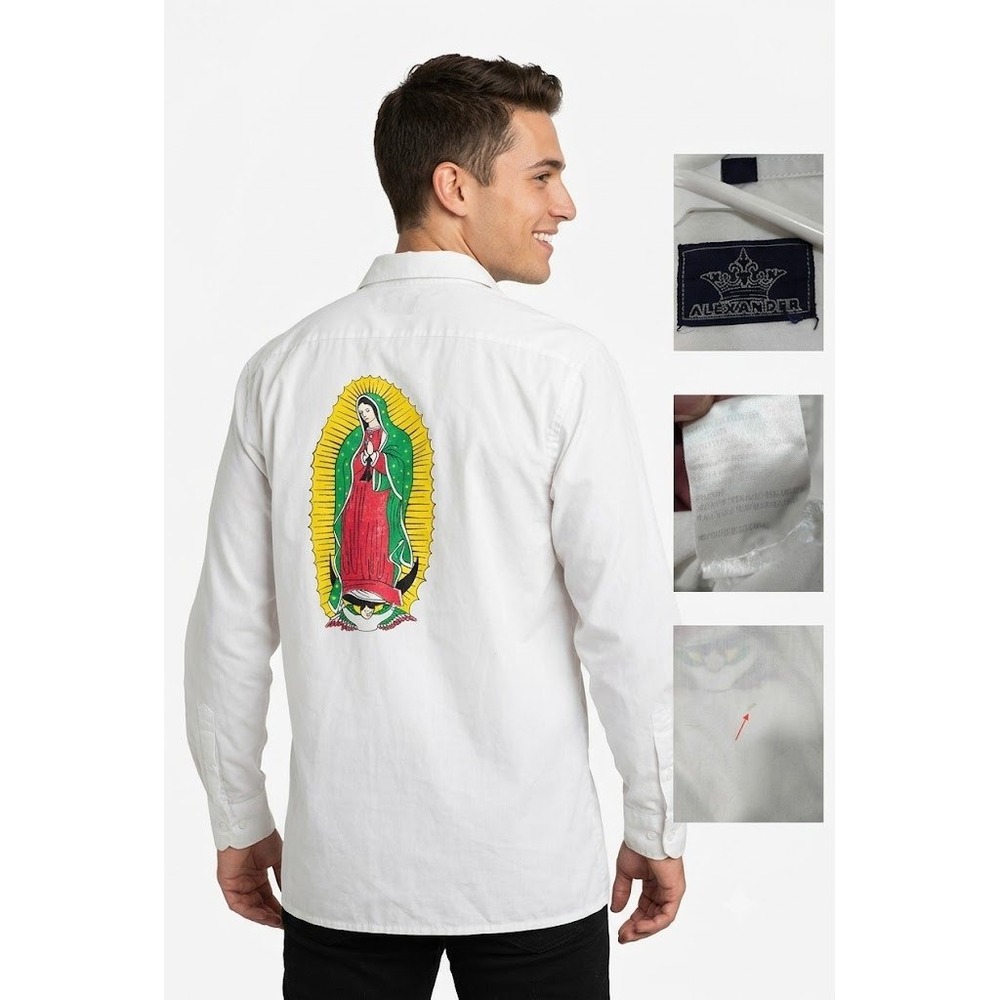 Vintage Alexander Shirt Mens Large White Virgin of Guadalupe Button Up 90s